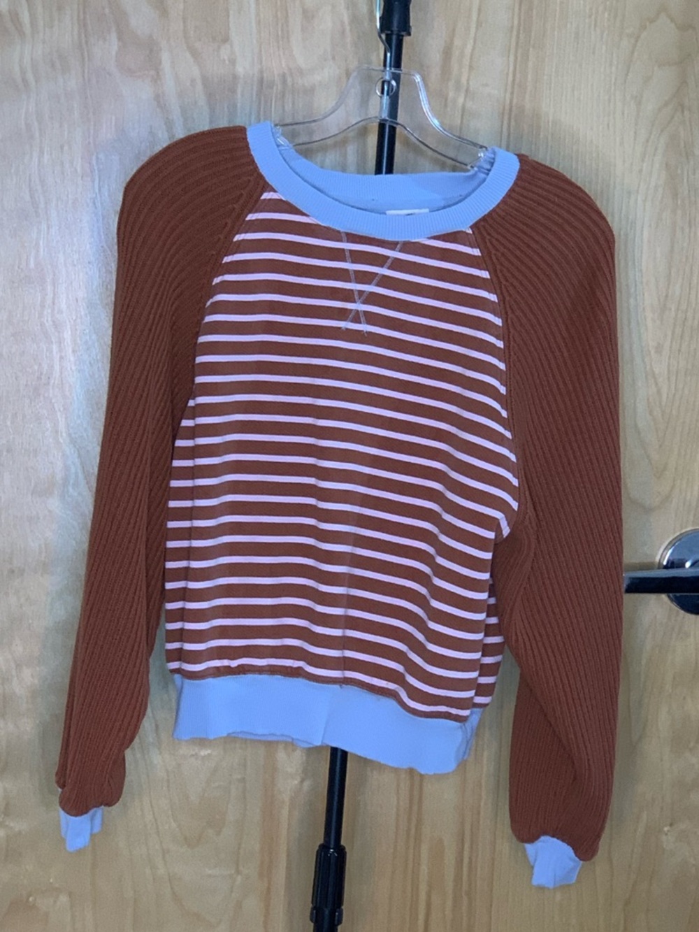 Pilcro Striped Raglan Pullover in Rust and Light Blue